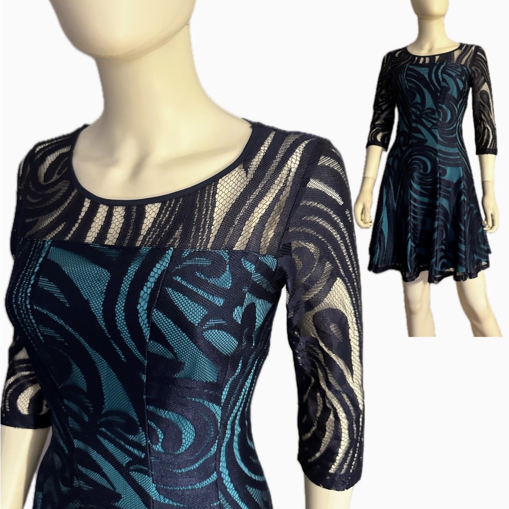 NWT MINI FIT‎ & FLARE LACE DRESS 3/4 MESH SLEEVES ROUND NECK LINED COCKTAIL GOWN